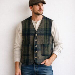 Vintage Paragraff Wool Blend Green Grey Plaid Vest L